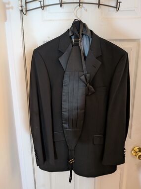 Stafford Black Wool Men’s Tuxedo Jacket and pants with Cummerbund and Bow Tie